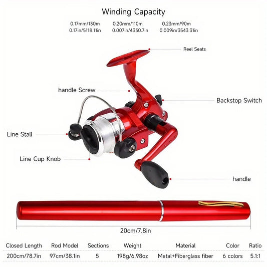 Fishing Set (1 Rod + 1 Wheel) - Pen Shape, Equipped with Spinning Wheel, Mini Portable Fishing Rod