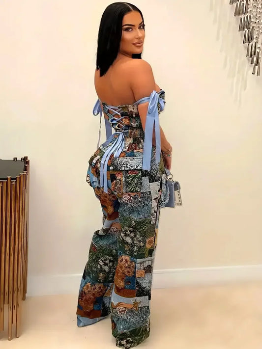 Women's Two-piece Oil Painting Suit - Sleeveless Lace-up Top with Multiple Pockets & Matching Pants - Stylish Casual Business Ou