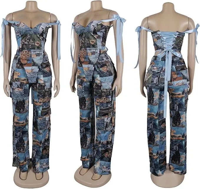 Women's Two-piece Oil Painting Suit - Sleeveless Lace-up Top with Multiple Pockets & Matching Pants - Stylish Casual Business Ou