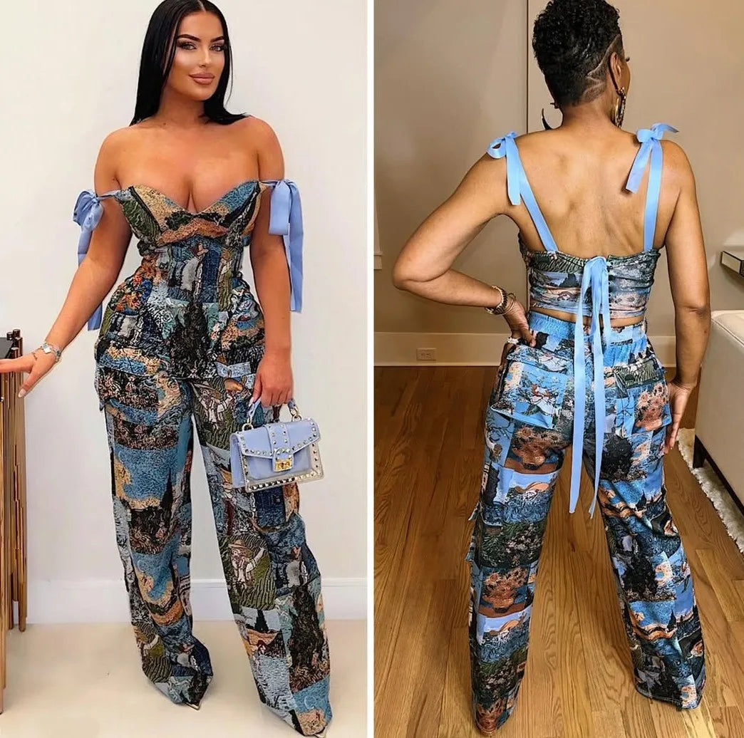 Women's Two-piece Oil Painting Suit - Sleeveless Lace-up Top with Multiple Pockets & Matching Pants - Stylish Casual Business Ou