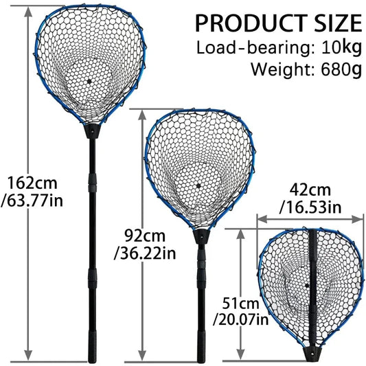Telescoping Aluminum Alloy Fishing Net - Adjustable Length and Rubber net (Blue)
