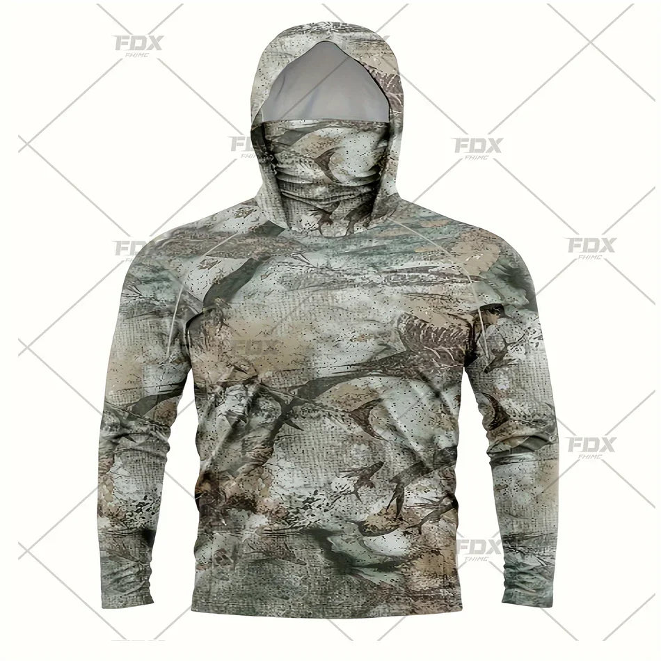 Army Green Camo Colorful Hoodie with Face Mask UV 50+Gaiter Fishing Clothing Men&