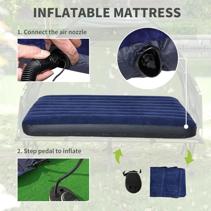 2 Person Foldable Camping Cot with Tent, Bedspread and Thick Air Mattress, Elevated Camping Bed Tent