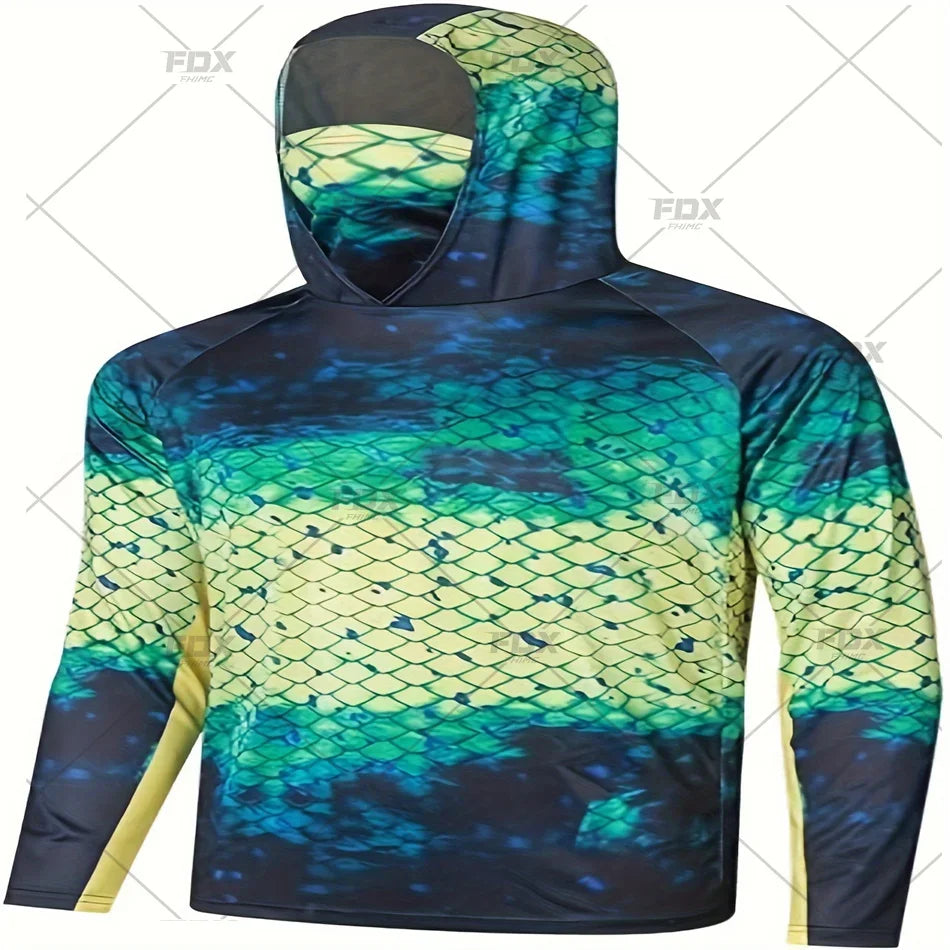 Army Green Camo Colorful Hoodie with Face Mask UV 50+Gaiter Fishing Clothing Men&