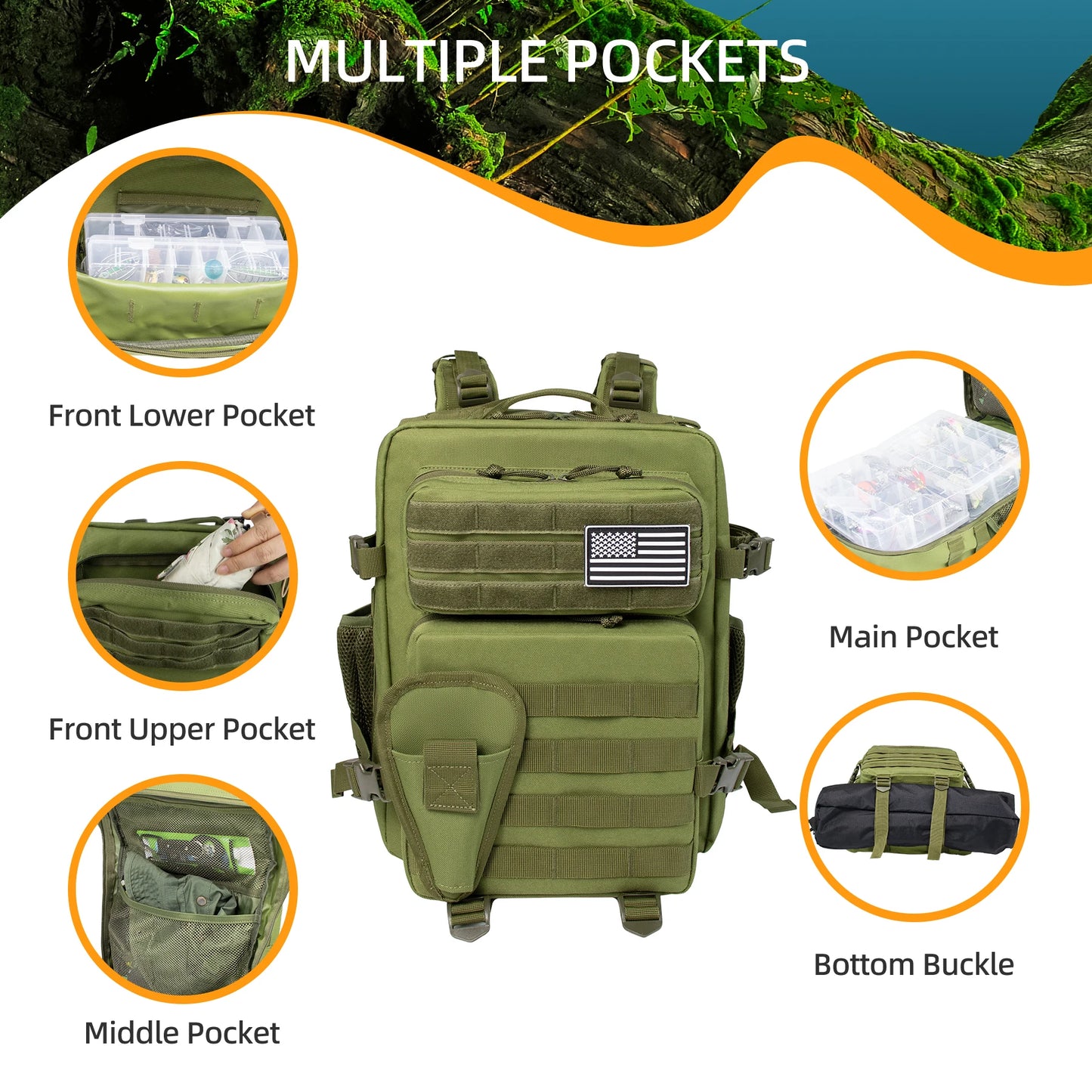 Fishing Hunting Bag Tactical Backpack, Durable Waterproof