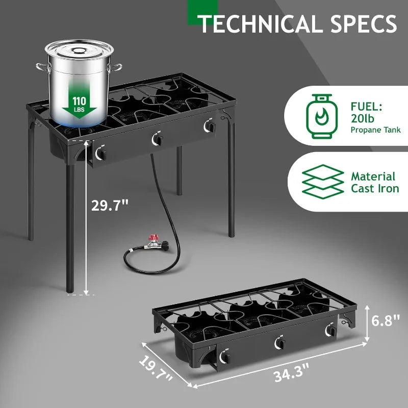 3 Burner Propane Gas Stove for Outdoor Cooking,