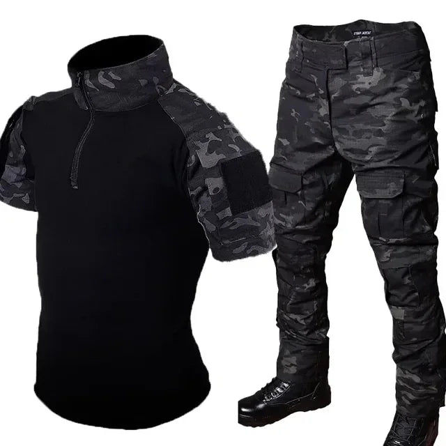 Black Camo Training Set Mens Half Zip Combat Tops Waterproof Tactical Suit Elastic Multiple Pockets Quick Drying 3-pcs