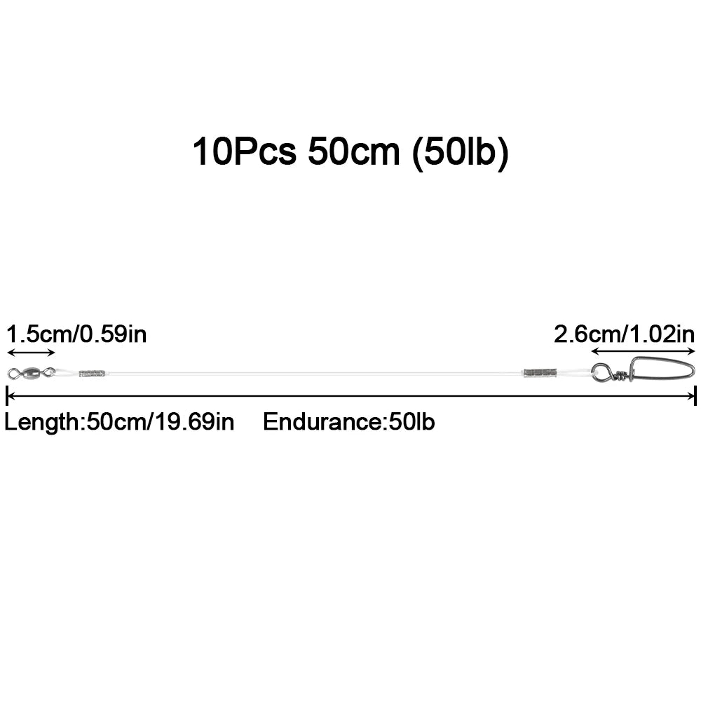 10Pcs Fluorocaron Fishing Leaders 20LB-50LB Fluorocarbon Wire Leader Line with Swivel and Snaps Connect Tackle Lures Rig or Hook