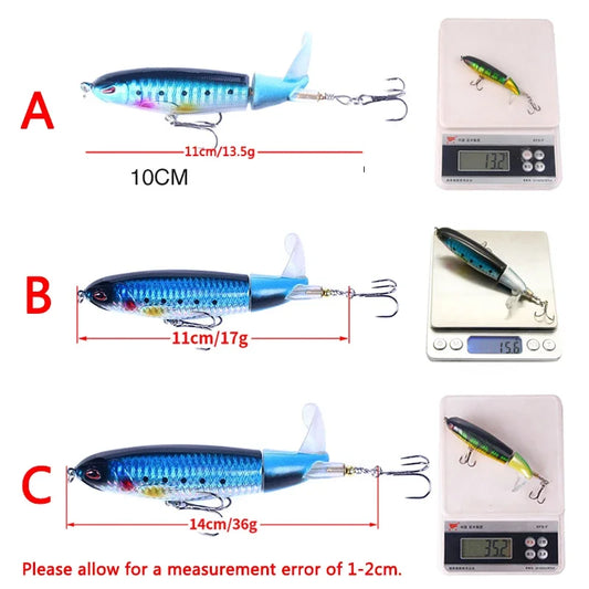 Popper Fishing Lure Set 11cm/14cm Artificial Topwater Hard Bait Rotating Wobblers Tail