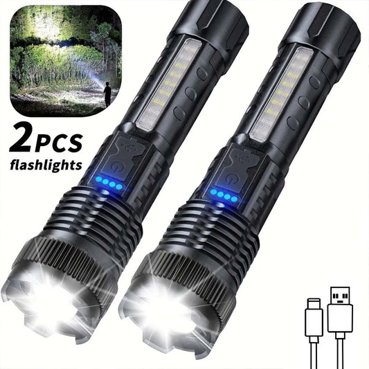 2pcs Rechargeable Zoomable Super Bright Flashlight for Emergency Power Outage,