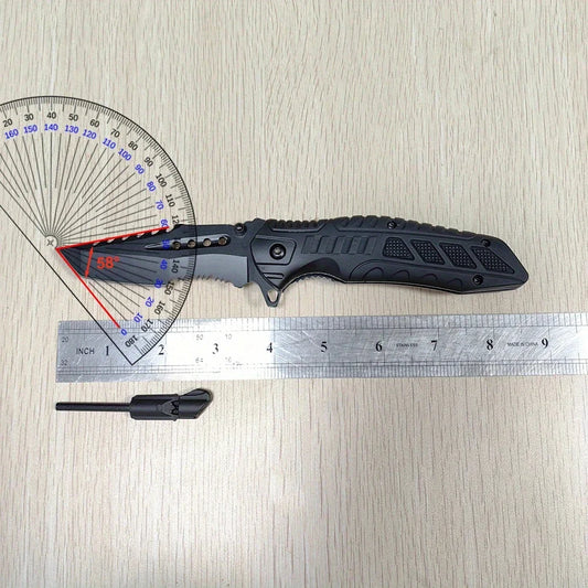 Tactical Folding Knife with Serrated Blade, Glass Breaker & Bottle Opener, EDC Pocket Knife for Men, Outdoor Survival Camping