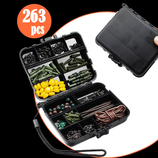 263pcs Essential Carp Fishing Terminal Box with Swivels Sleeves Hooks Stop Beads Fishing Equipment Terminal Kit Carp Fishing Box