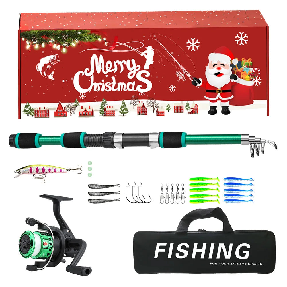 Fishing Pole Set Full Kits with Telescopic Fishing Rod and Spinning Reel Fishing Lures Hooks
