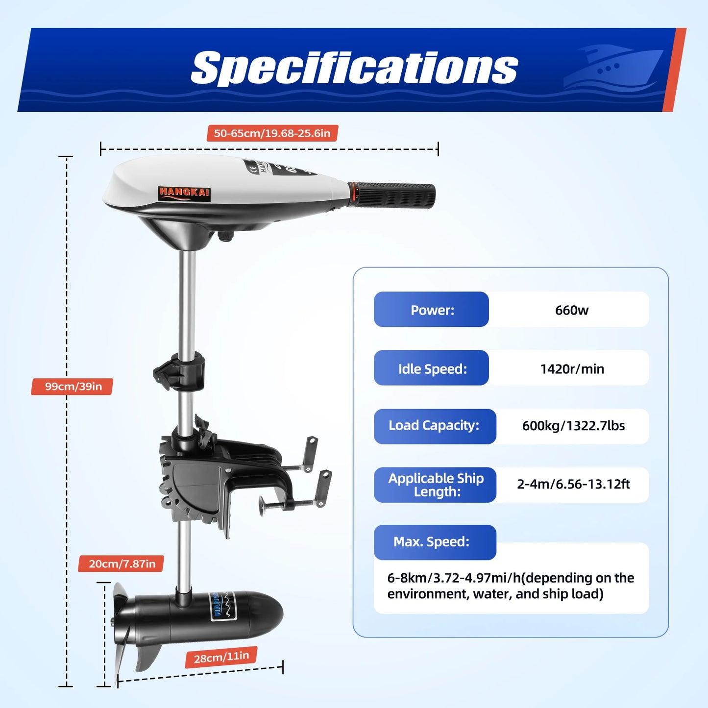 660W Electric Outboard Trolling Motor, 12V 65LBS Thrust Outboard Engine Marine Boat Motor Inflatable Fishing Boat Engine