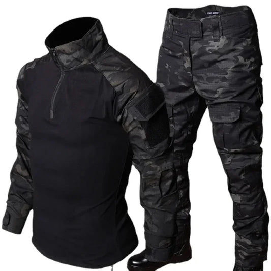 Black Camo Training Set Mens Half Zip Combat Tops Waterproof Tactical Suit Elastic Multiple Pockets Quick Drying 3-pcs