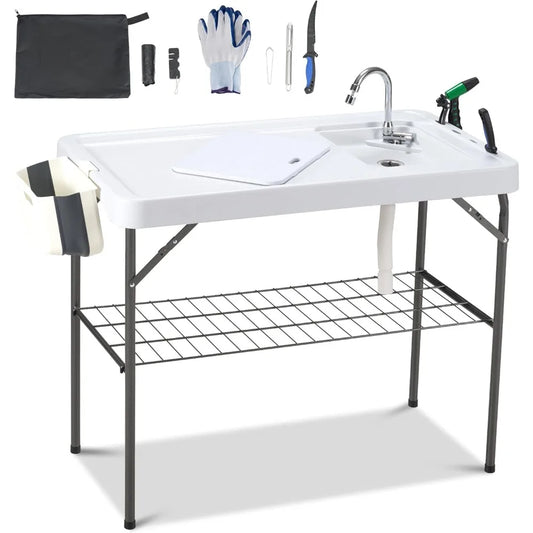 Outdoor Sink Fish Cleaning Table Portable Camping Table with Faucet Hose Hook Up Grid Rack, Fish Fillet Camping Sink Table, Fis