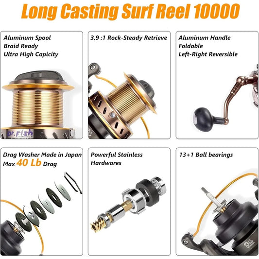 Surf rod and reel combination saltwater fishing tackle set, beach cast spinning rod kit