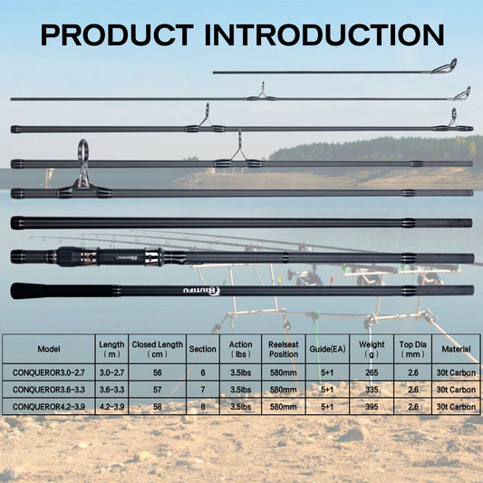BIUTIFU 2Tips Carp Fishing Rod 3.5lb 7Sections 4.2/3.6/3.0m 30t Carbon Fiber Travel Throwing 60-150m Shore Casting Spinning Pole