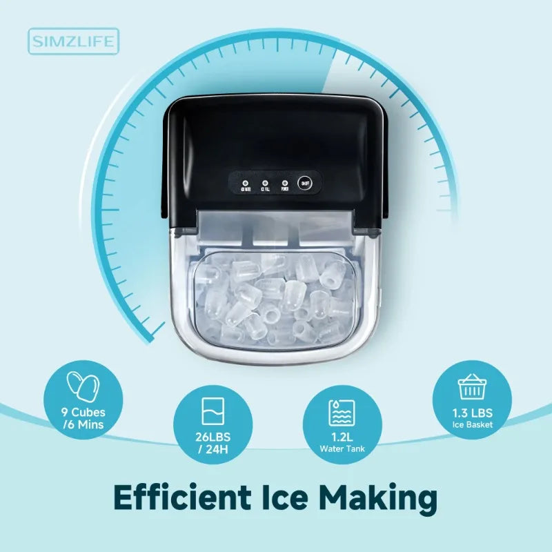 Simzlife Countertop Ice Maker with Handle, 9 bullet ice in 6 Mins, 26Lbs/24H, Self-Cleaning, Ice Maker with Basket and Scoop