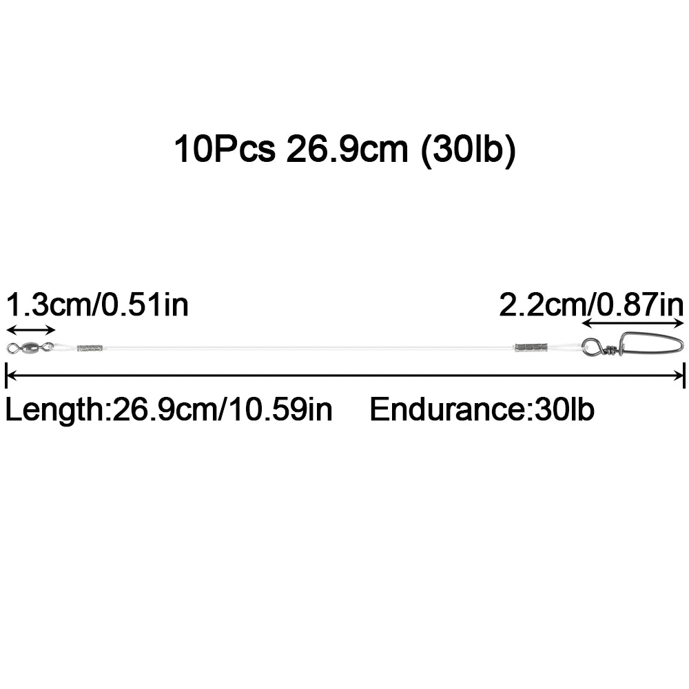 10Pcs Fluorocaron Fishing Leaders 20LB-50LB Fluorocarbon Wire Leader Line with Swivel and Snaps Connect Tackle Lures Rig or Hook