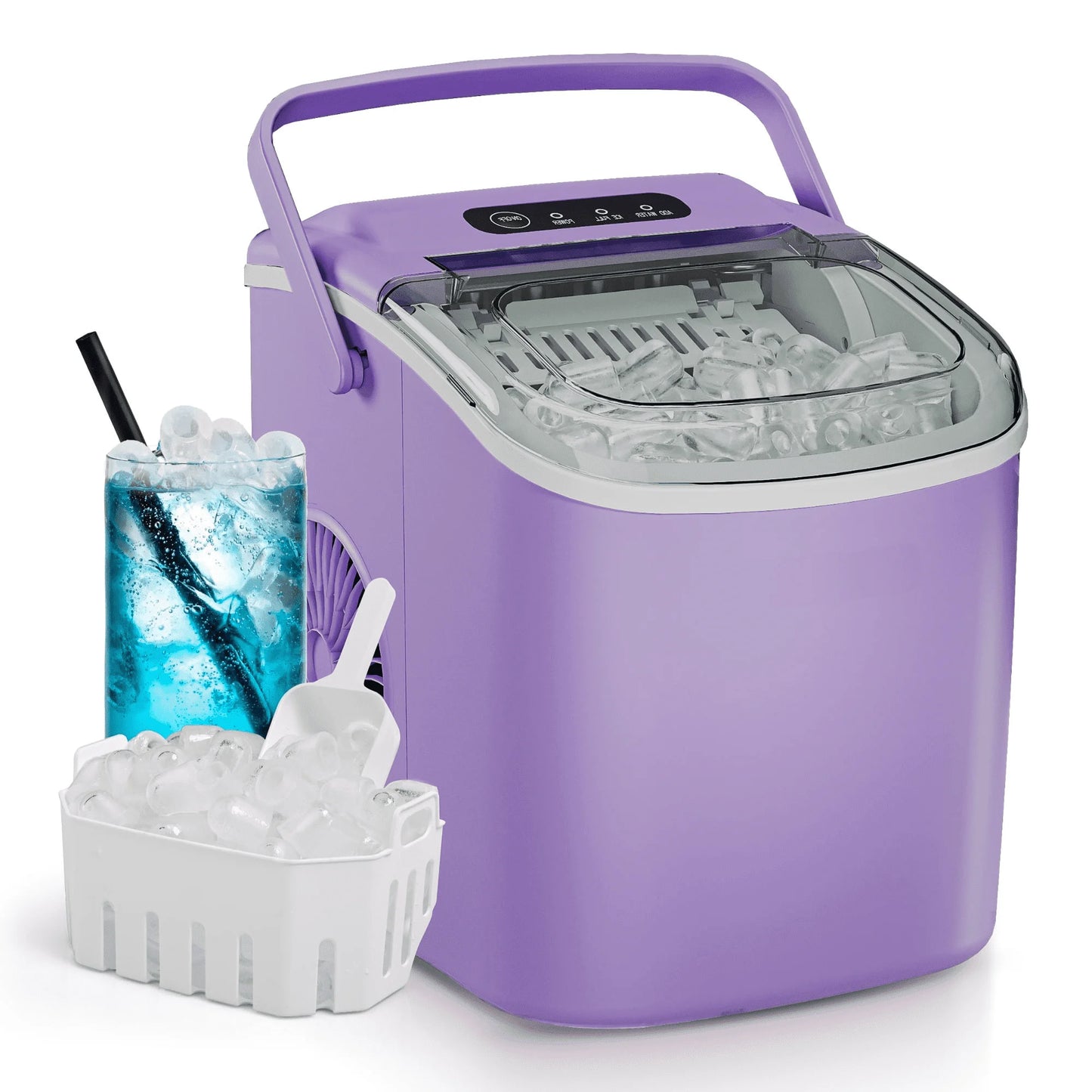 Simzlife Countertop Ice Maker with Handle, 9 bullet ice in 6 Mins, 26Lbs/24H, Self-Cleaning, Ice Maker with Basket and Scoop