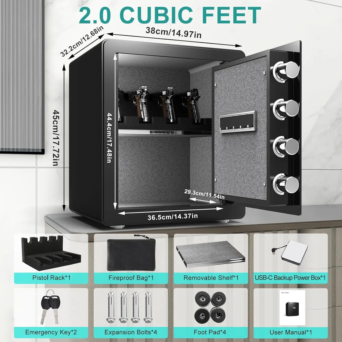 Safe Box with Pistol Rack, Fireproof Waterproof Bag, Large Digital Safe with Dual Alarm System,