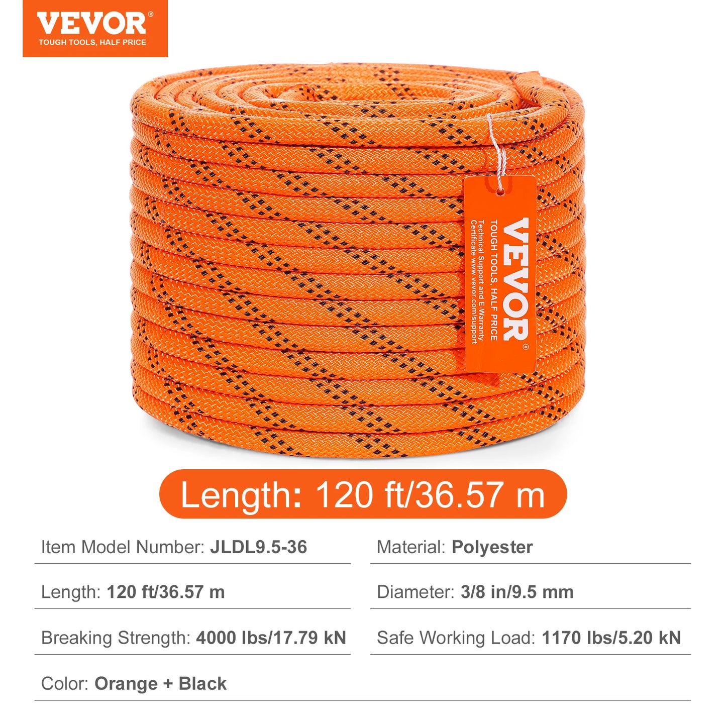 SucceBuy 120ft Dual-Weave Polyester Cord 3/8 1/2 inch 48-Strand Multi-Use Rope Arborist Activities Outdoor Adventures Versatile