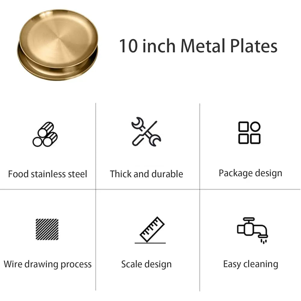 Steel Plates Metal Gold Dinner Plates Unbreakable Dinner Dishes Plates Set For Camping Outdoor