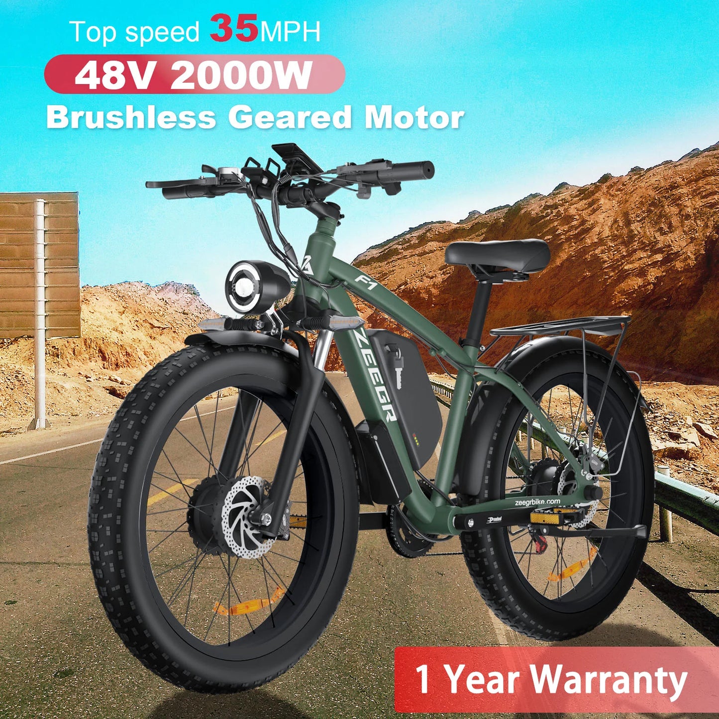 ZEEGR F1 48V 2000W Full Suspension E-Bike CE Certified 26 Inch Fat Tires Hidden Dual Battery Snow Beach Ebike