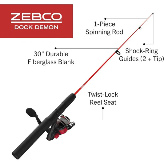 Zebco Dock Demon Spinning Reel or Spincast Reel and Fishing Rod Combo, 30-Inch Durable Fiberglass Rod, QuickSet Anti-Reverse Fis