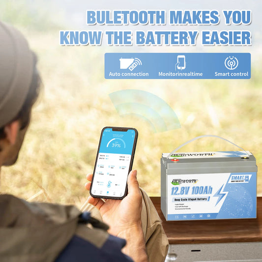 12V 100Ah LiFePO4 Lithium Battery With 100A BMS,Support Monitoring Battery via Phone Bluetooth,for Marine,Trolling Motor,RV