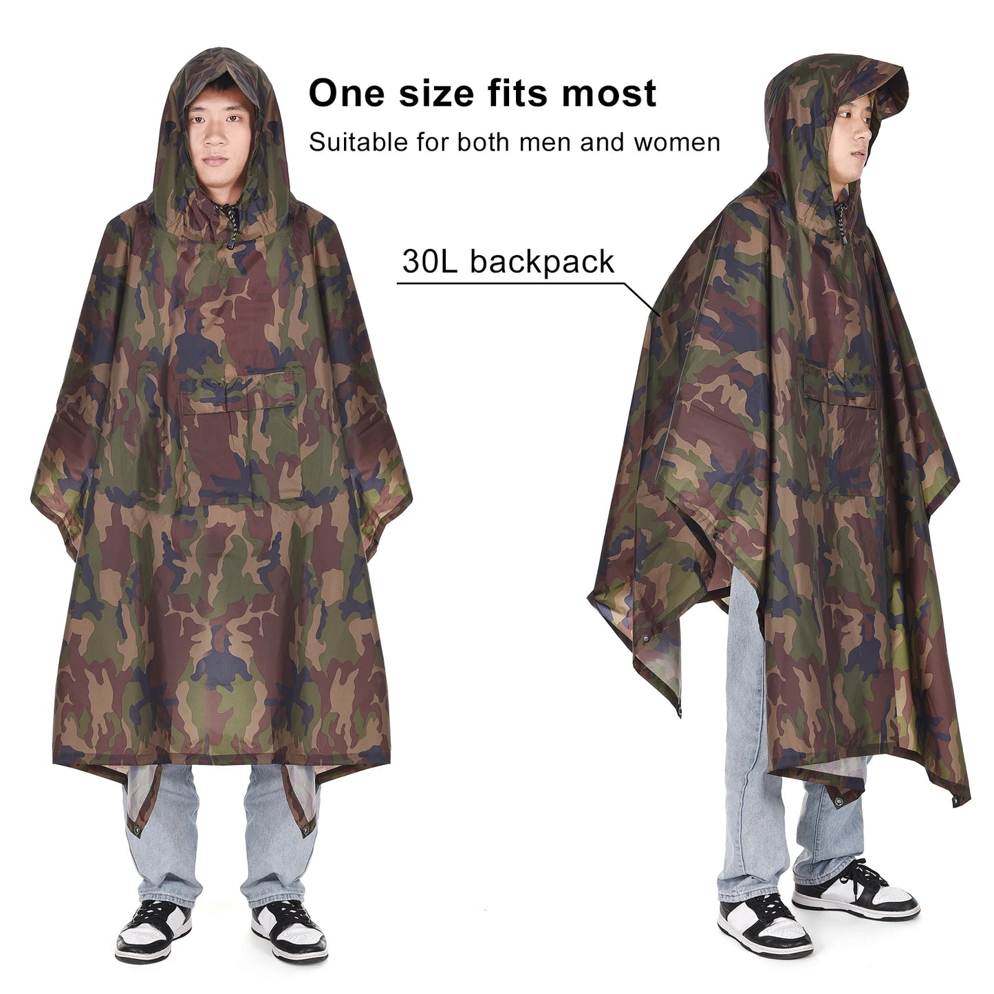 Hooded Rain Poncho with Pocket Lightweight Waterproof Rain Coat Sun Shelter for Men and Women Camping Hiking Traveling