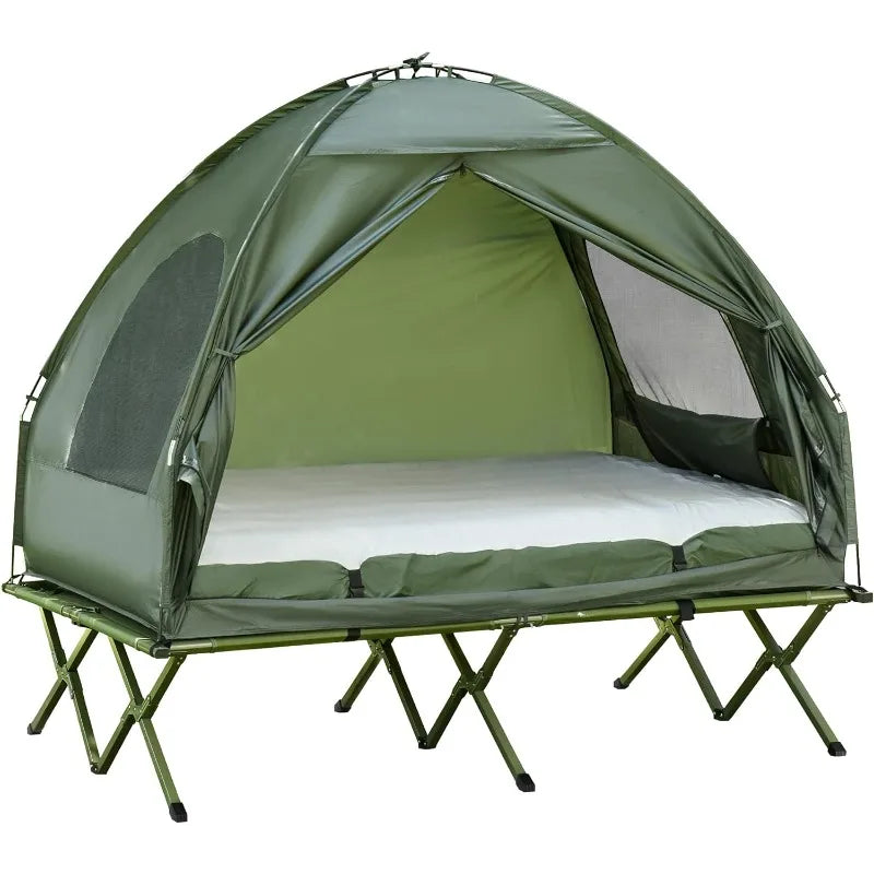 2 Person Foldable Camping Cot with Tent, Bedspread and Thick Air Mattress, Elevated Camping Bed Tent