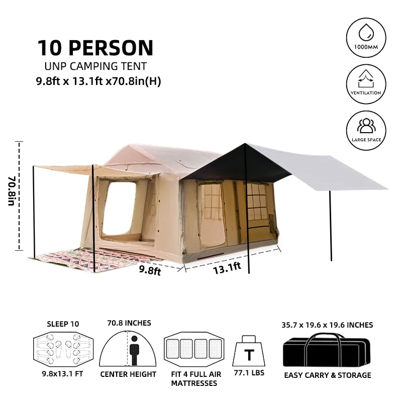 Inflatable Tent for Camping, 10 Person Air Tent, Waterproof Windproof Inflatable House Tent, Easy Set-Up with Hand Pump