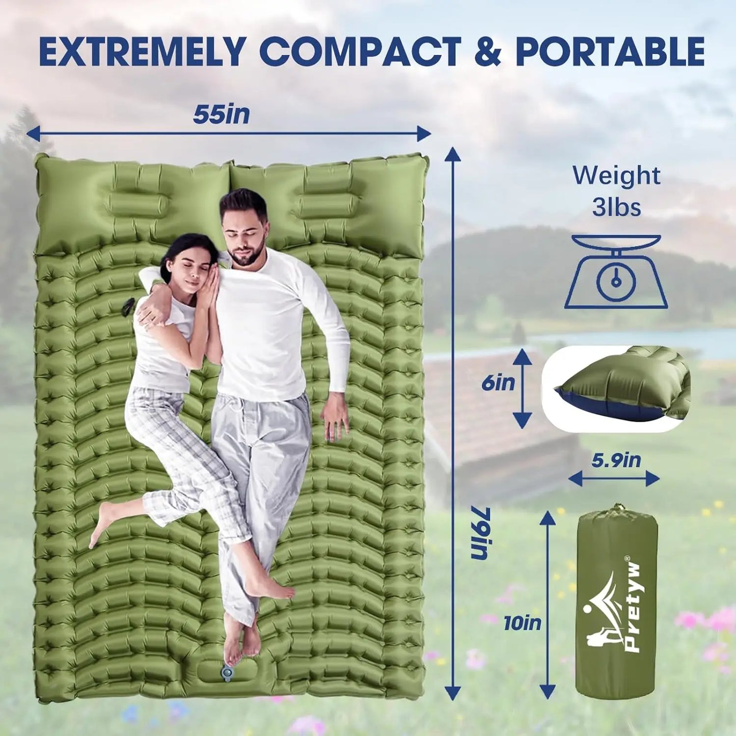Double Sleeping Pad for Camping - Ultralight Camping Mattress with Pillow, Built-in Foot Pump, Inflatable 2-Person Portable Mat