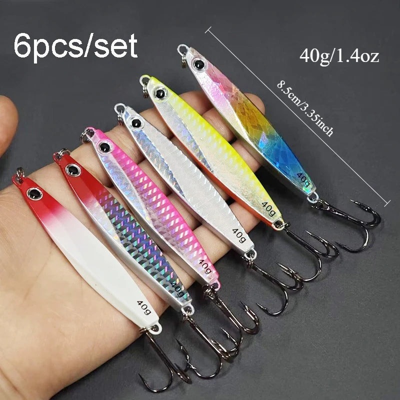 Ackibbik 6pcs Metal Cast Jig Spoon 40g Fishing Jigs Saltwater Fishing Casting Jigging Fish Metal Sinking Lure for Tuna, Kingfish