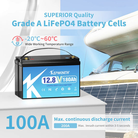 KEPWORTH New 12V 180Ah LiFePO4 Battery Build in 100A BMS Perfect Replacement for Lead Acid for Motorhomes, Solar System