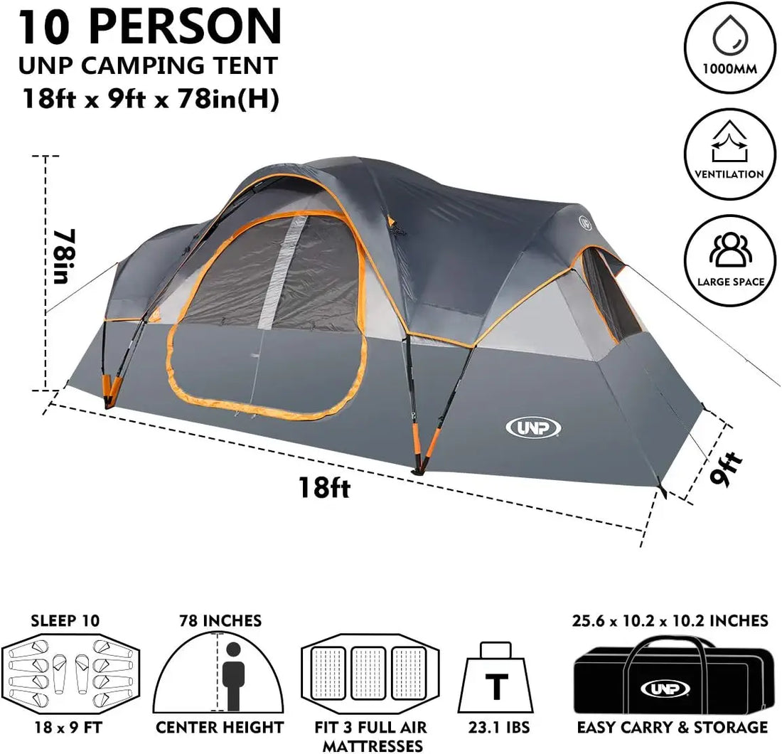 10-Person Family Camping Tent, Easy Setup, Waterproof, 2 Rooms, Large Windows for Festivals