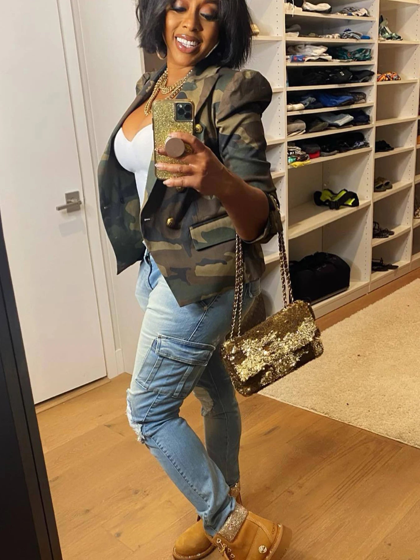Camouflage Printed Double Breasted Jacket, Casual Long Sleeved Lapel Open Top, Women's Clothing
