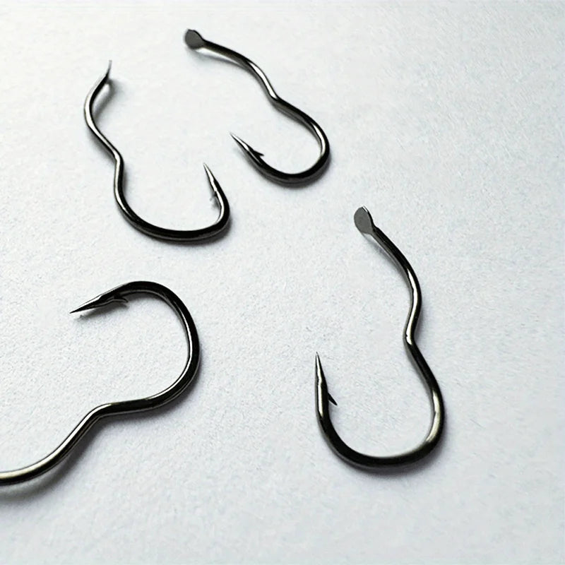 300/500 carbon steel fishing hook set, including sizes 3-12, with barbed sharp hooks