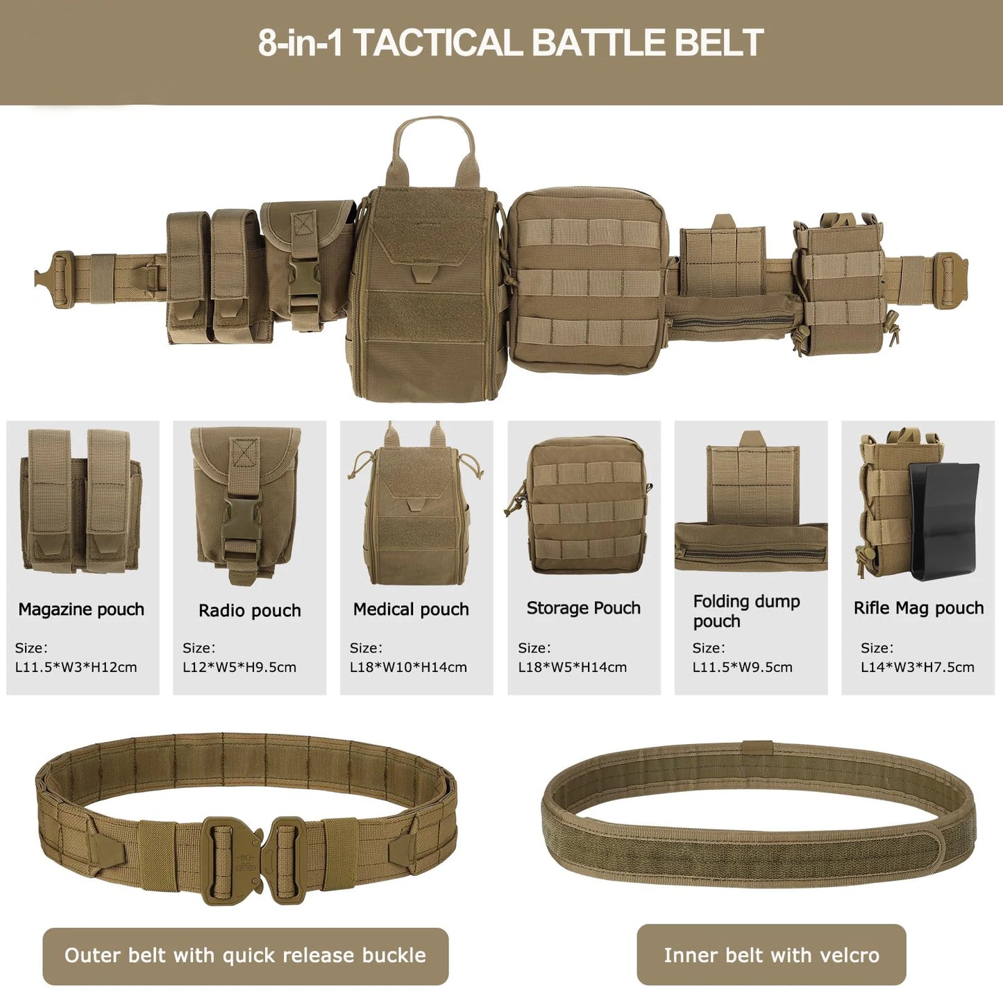 8-in-1 Hunting Tactical Battle Belt with Accessories Quick Release Heavy Duty Belts