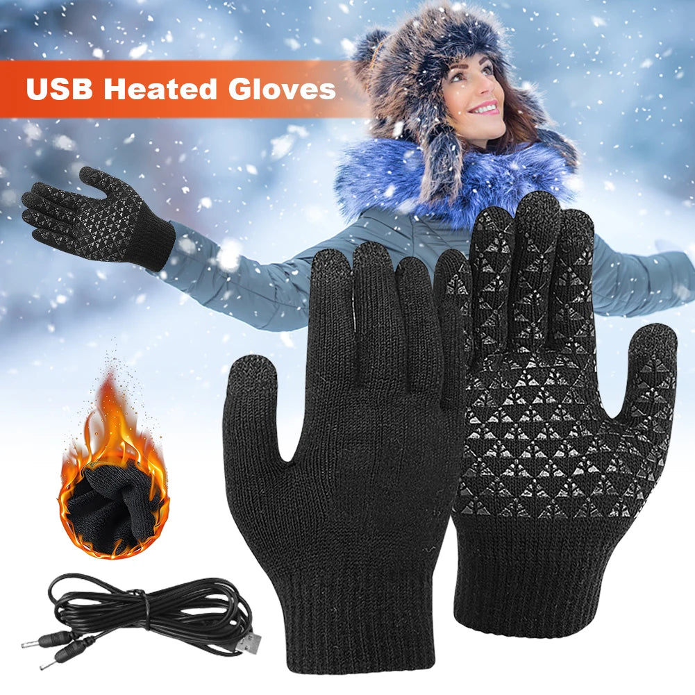 Winter Snowboard Gloves Touch Screen Knitted Gloves Hand Warmer USB Heated Gloves for Backpacking Mountaineering Riding Camping