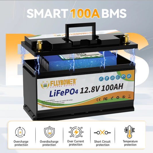 FLLYROWTH 12V 100Ah LiFePo4 Lithium Battery Pack 100A BMS For RV Boat Motors Inverter Solar Wind Lithium Iron Phosphate Battery