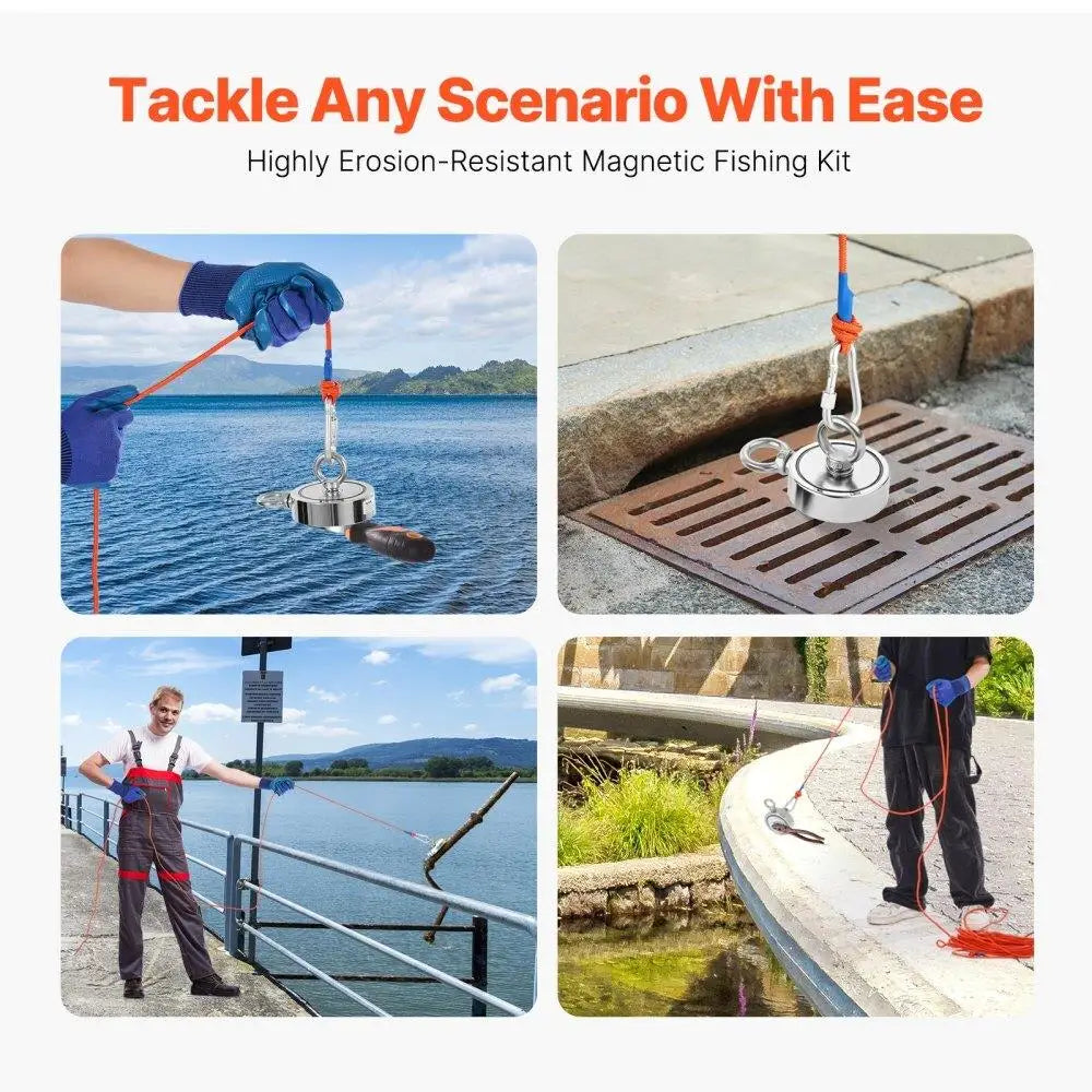 Strong Double Sided Fishing Magnet Kit with 1000 LBS Pull Force Rope and Carabiner for Treasure