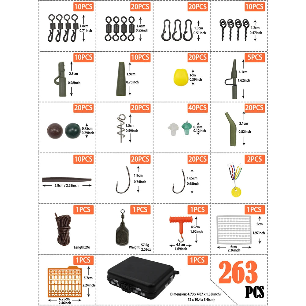 263pcs Essential Carp Fishing Terminal Box with Swivels Sleeves Hooks Stop Beads Fishing Equipment Terminal Kit Carp Fishing Box