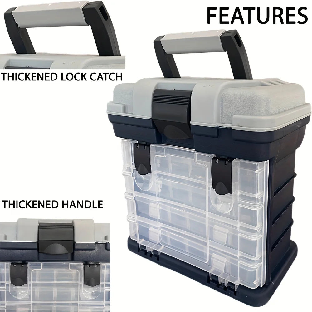 fishing tackle box, a four-layer bait box, a grey fishing accessory storage box, a plastic fishing box