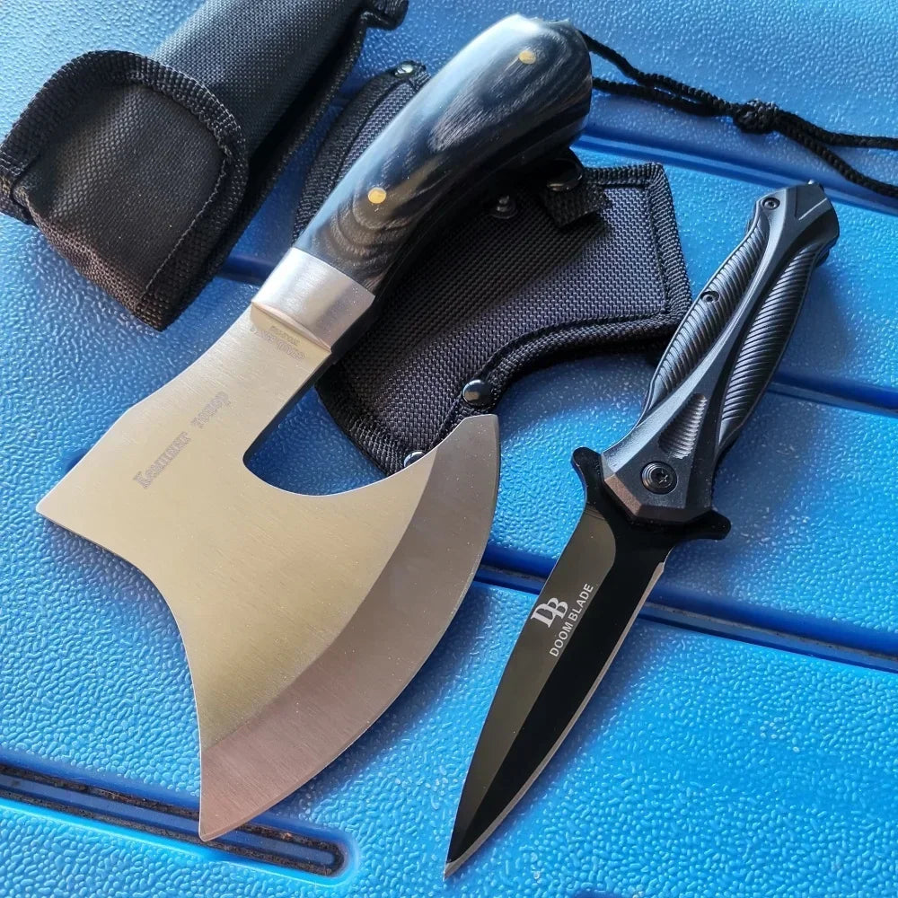 Stainless Steel Axe & Folding Knife Combo Set: Durable for Outdoor Adventures, Camping & Hiking
