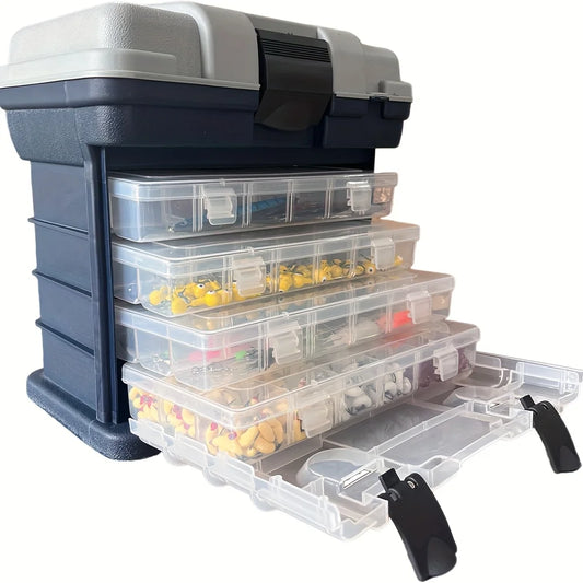 fishing tackle box, a four-layer bait box, a grey fishing accessory storage box, a plastic fishing box
