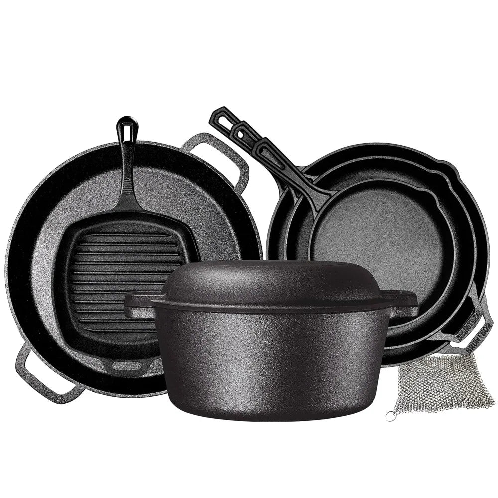 8 piece cast iron camping cookware - durable POTS and pot covers for cooking - the ideal gift for home or camping