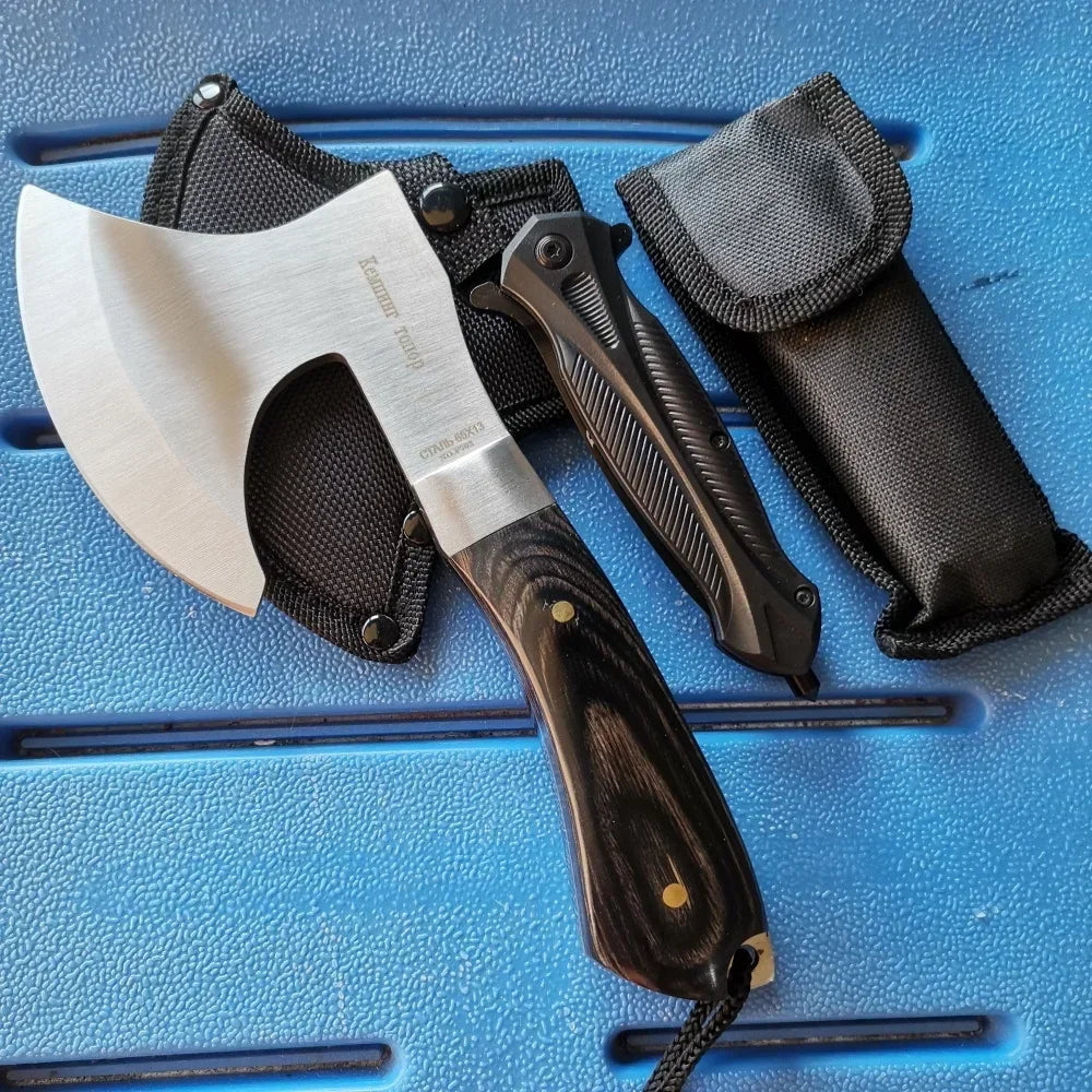 Stainless Steel Axe & Folding Knife Combo Set: Durable for Outdoor Adventures, Camping & Hiking